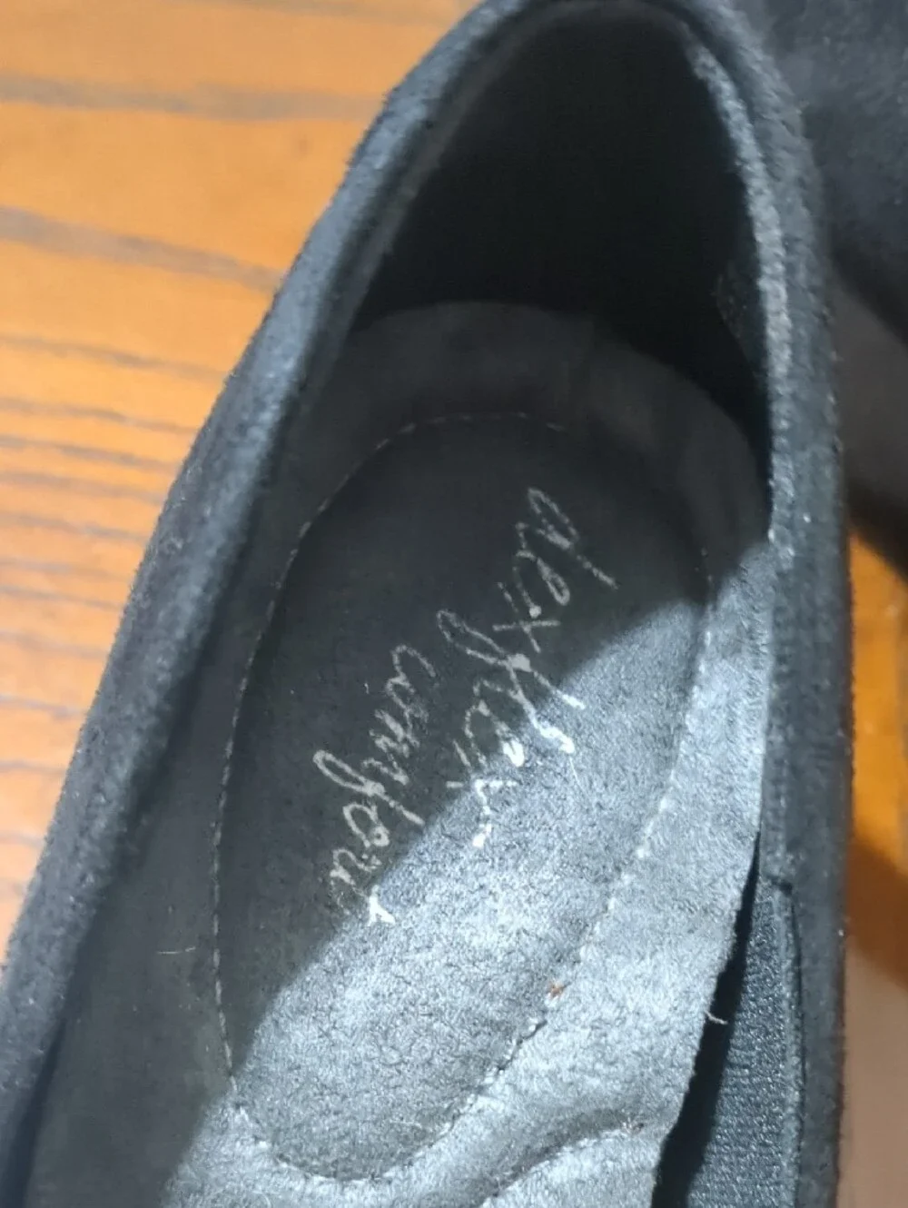 dexflex comfort Black Suede Wedge Flats with Decorative Button